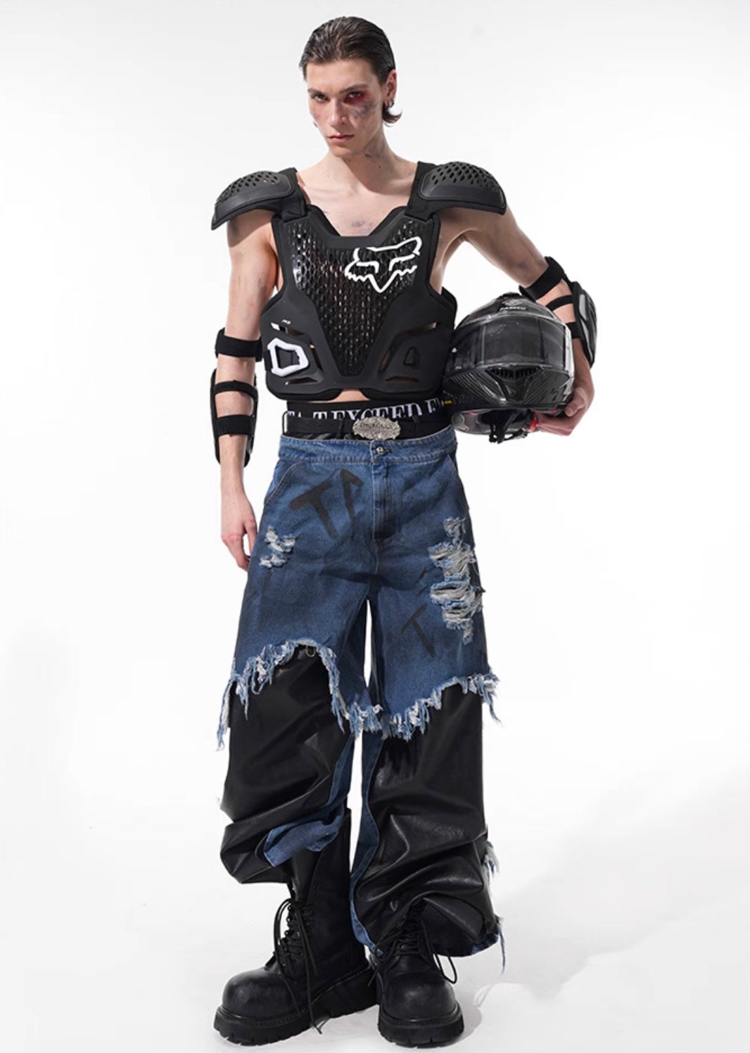 Fake Layered Raw Edge Wide-Leg Denim Pants