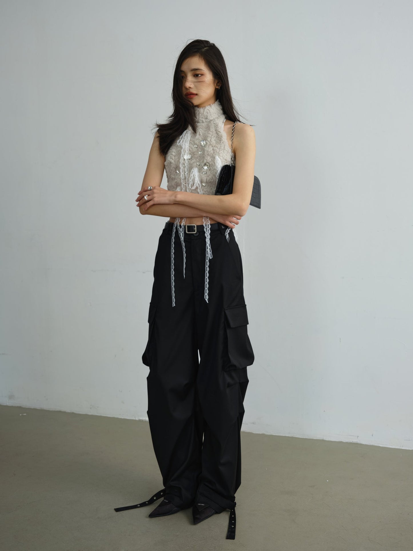 Fur Lace Tassels Rhinestone Tank Top